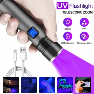 ไฟฉาย UV 395 365nm ซูมได้ 3 โหมด / ไฟฉายอัลตราไวโอเลตอัลตราไวโอเลต ขนาดเล็ก แบบพกพา / ไฟฉายแบบชาร์จไฟ USB LED UV สีดํา / เครื่องตรวจจับปัสสาวะสัตว์เลี้ยง กันน้ํา