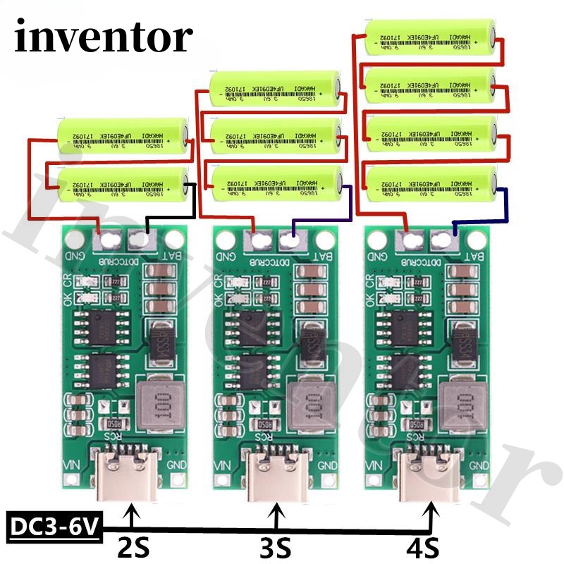 แบตเตอรี่ลิเธียมโพลิเมอร์ 18650 2S 3S 4S Type-C เป็น 8.4V 12.6V 16.8V 7.4V 11.1V 14.8V