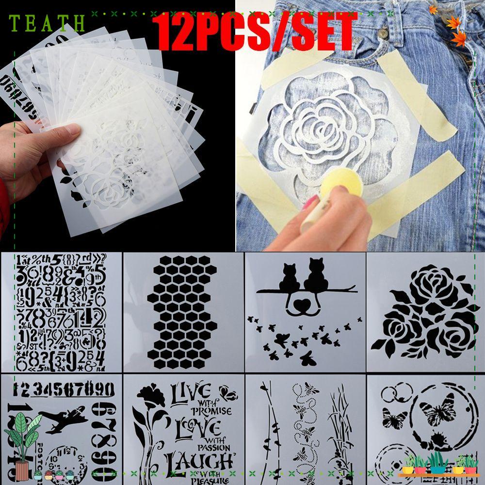 Teath แผ่นแม่แบบฉลุลาย ลายนูน DIY สําหรับตกแต่งการ์ดกระดาษ 12 ชิ้น ต่อชุด