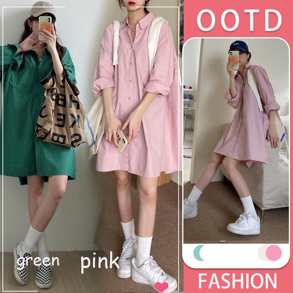 mimni&didi.ชุดเดรสเสื้อเชิ้ตน่ารัก ชุดเดรสแฟชั่นสไตล์เกาหลี แขนยาวความยาวปานกลางทรงหลวมและใช้งานได้หลากหลาย#W304