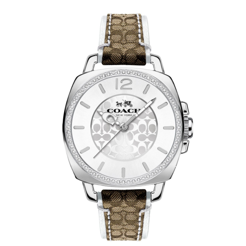 COACH 14503148  Leather Watch สายนาฬิกาลายซีสีน้ำตาล หน้าปัดกลมล้อมคริสตัล 34 มม