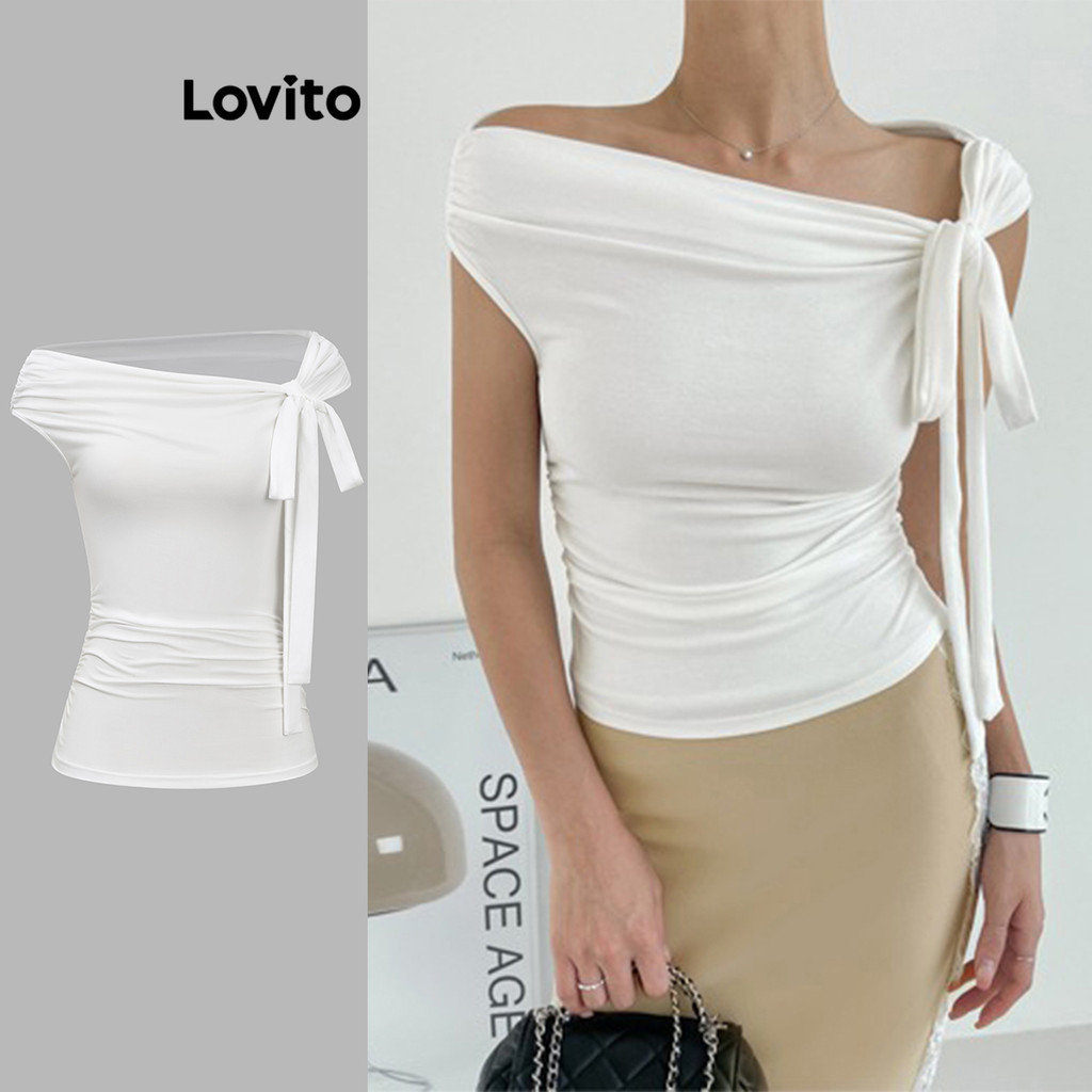 Lovito เสื้อยืดผู้หญิง แต่งโบว์ ทรงอสมมาตร สีพื้น สไตล์ลำลอง L92AD973