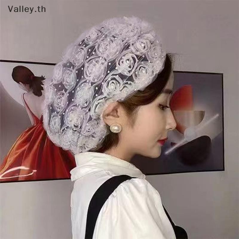 [Valley] เพชรที่สวยงามดอกไม้ผู้หญิงลูกไม้ Turban หมวกตาข่ายระบายอากาศฤดูร้อนมุสลิม Headwear หมวกหญิงทุกวัน Beanie ผม Wraps TH