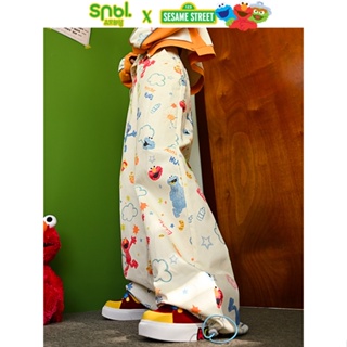 SESAME STREET x SNBL Graffiti printed high-waisted straight casual pants กางเกงเพ้นท์ลายการ์ตูนเอลโม แท้