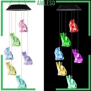 [Amleso] โคมไฟกระดิ่งลม LED พลังงานแสงอาทิตย์ รูปแมว สําหรับตกแต่งสวนในร่ม สนามหญ้า