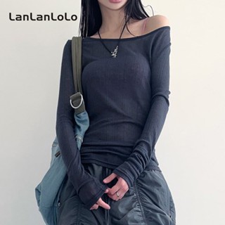 Lanlanlolo เสื้อแขนยาว เปิดไหล่ เปิดหลัง เซ็กซี่ เข้ารูป สีพื้น เข้ากับทุกการแต่งกาย แฟชั่นสําหรับผู้หญิง 2023