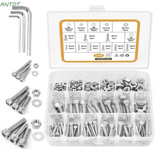 Antot ชุดแหวนรองน็อต สกรูหัวหกเหลี่ยม สเตนเลส 304 20 มม. 30 มม. 35 มม. พร้อมกล่องเก็บ M4 M6 M8 240 ชิ้น