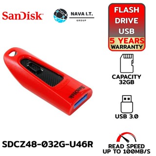 COINSคืน15%⚡FB9JMZV6⚡ SANDISK ULTRA USB แฟลชไดร์ฟ 32GB, USB3.0,อ่าน 100MBS , RED SDCZ48_032G_U46R, RED