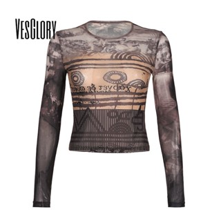 Vesglory เสื้อครอปท็อป แขนยาว คอกลม พิมพ์ลาย สีพื้น ทรงสลิมฟิต แฟชั่นสําหรับผู้หญิง 2023