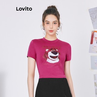 Lovito เสื้อยืดเบสิก ลายการ์ตูน สไตล์เพร็พพี่ สำหรับผู้หญิง L59ED044 (สีฮอตพิ้งก์)