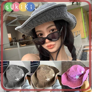 Sukiki หมวกคาวบอย, หมวกคาวบอย พับได้ สไตล์พังก์, อุปกรณ์ปีนเขา ดาวสีชมพู ผ้ายีน ปีกกว้าง หมวกป้องกันแสงแดด กลางแจ้ง