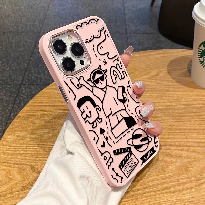 เคสโทรศัพท์มือถือ ซิลิโคนนุ่ม กันกระแทก ลายกราฟฟิตี้ เด็กผู้หญิง ปุ่มโลหะ สําหรับ IPhone 15 14 13 12 11 Pro Max XS X XR 8 + 7 Plus