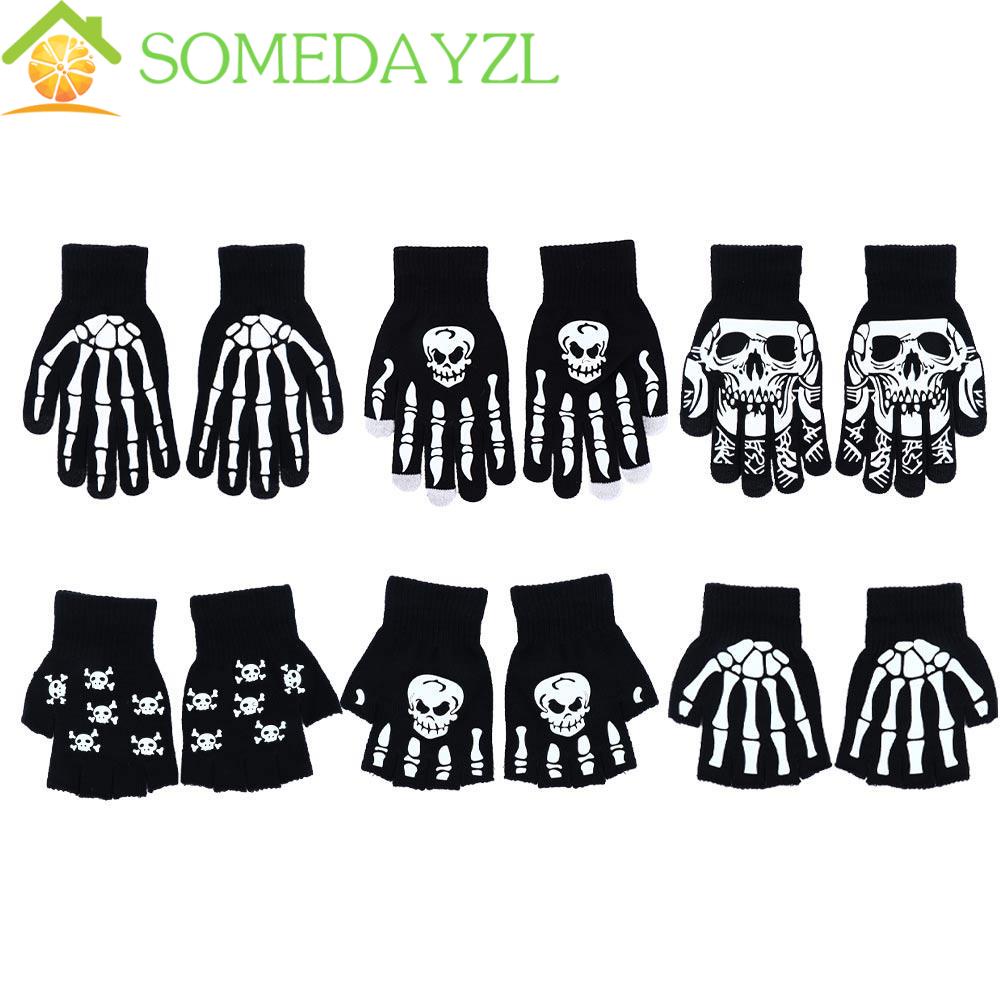 Somedayzl ถุงมือครึ่งนิ้ว ให้ความอบอุ่น ลายกะโหลก กระดูกมือ ฮาโลวีน เรืองแสง เครื่องแต่งกายพังก์ พังก์