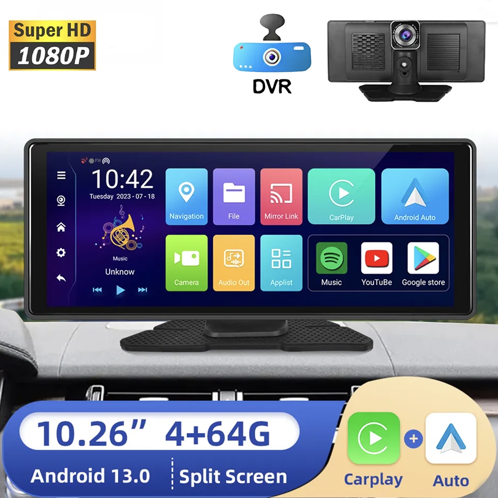 10.26นิ้วAndroid 13 4 + 64G Dash Cam Carplay Android Autoกระจกหน้าจอWIFI GPSบลูทูธรถDVRเครื่องบันทึก