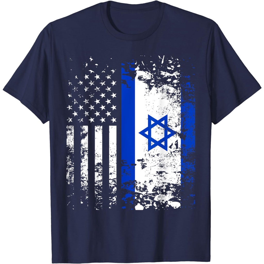 เสื้อยืดผ้าฝ้ายผู้ชาย Proud Israeli USA Flag Patriotic Pride Israel Flag เสื้อยืด 4XL , 5XL , 6XL