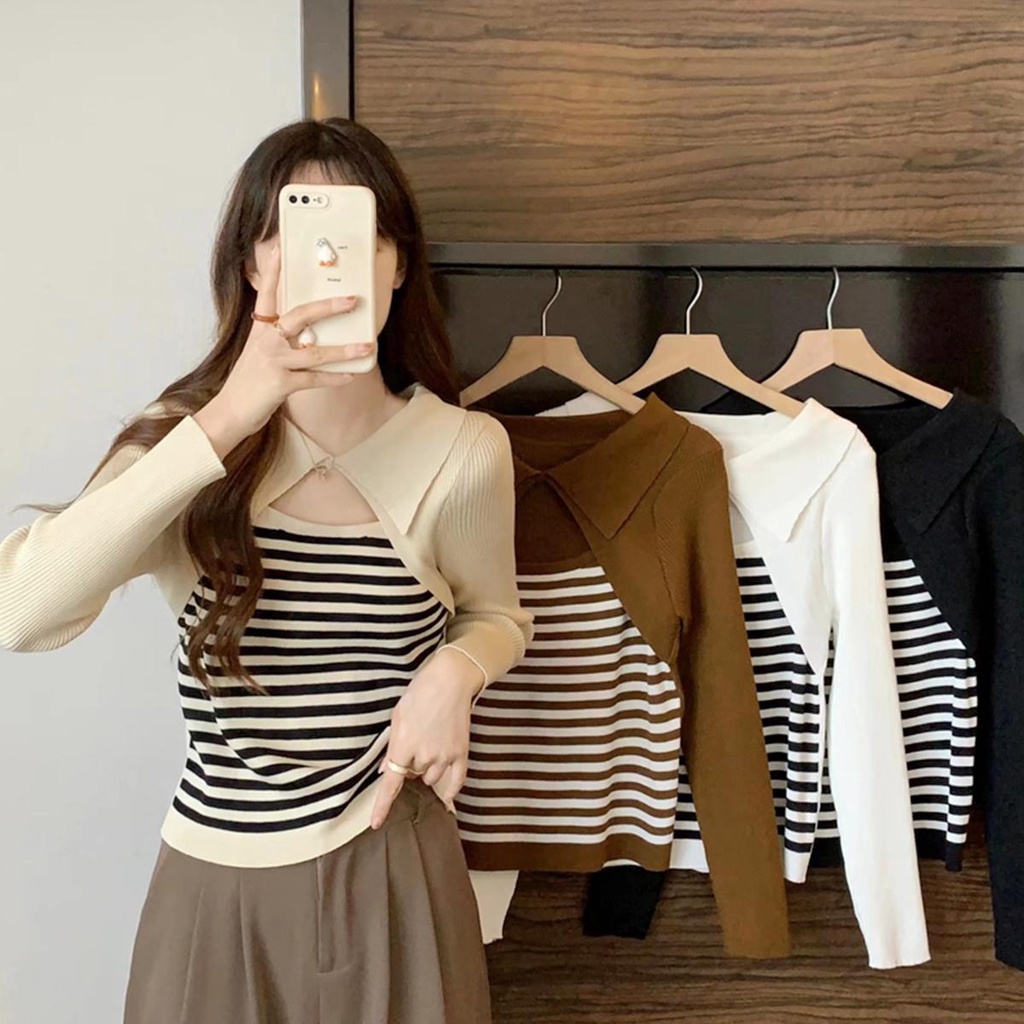 พร้อมส่ง เสื้อไหมพรมแขนยาว เสื้อกันหนาว ชุดเซ็ท2ชิ้น ผู้หญิง ลายทาง ย้อนยุค แฟชั่นเกาหลี เหมาะกับฤดูใบไม้ร่วง#E552