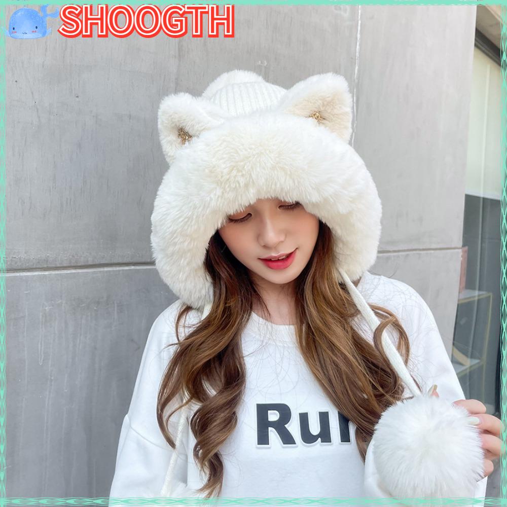 Shoogth หมวกบีนนี่ ผ้ากํามะหยี่ขนนิ่ม แต่งหูแมวน่ารัก ให้ความอบอุ่น แฟชั่นฤดูหนาว