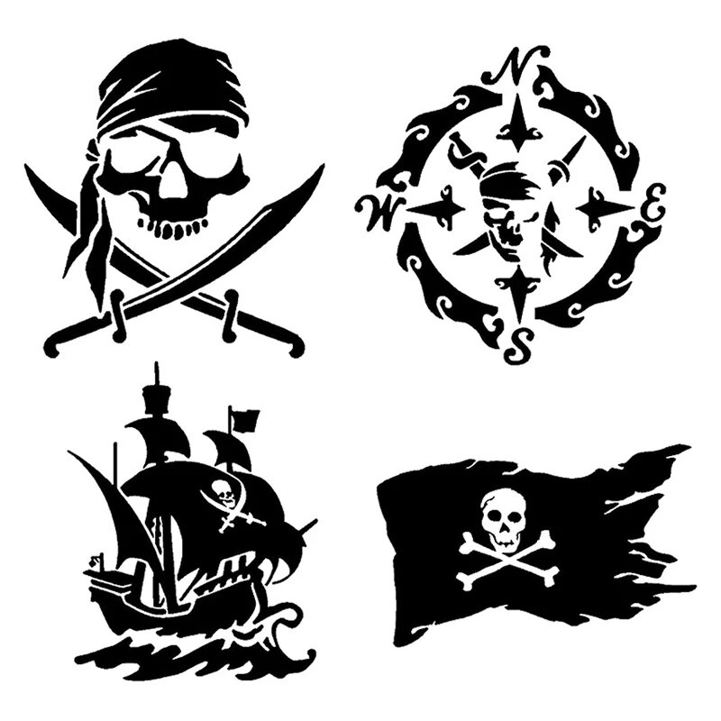 22031# Pirate Decals 4 Pack Skull and Swords, Pirate Ship,  Pirate Compass  Car Sticker Waterproof V