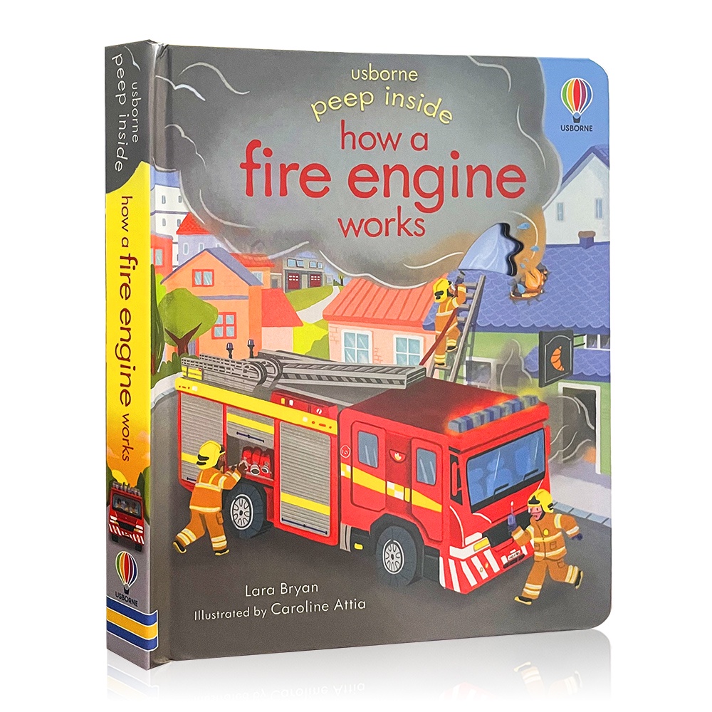 หนังสืออ่านหนังสือ Usborne Peep Inside How A Fire Engine Works สําหรับเด็ก