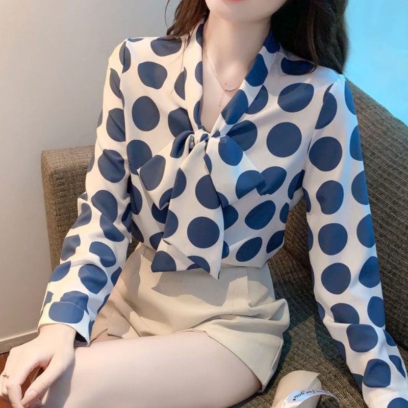 เสื้อเบลาส์ ผ้าชีฟอง ลายจุด ประดับโบว์ สไตล์เกาหลี เรโทร สําหรับผู้หญิง
