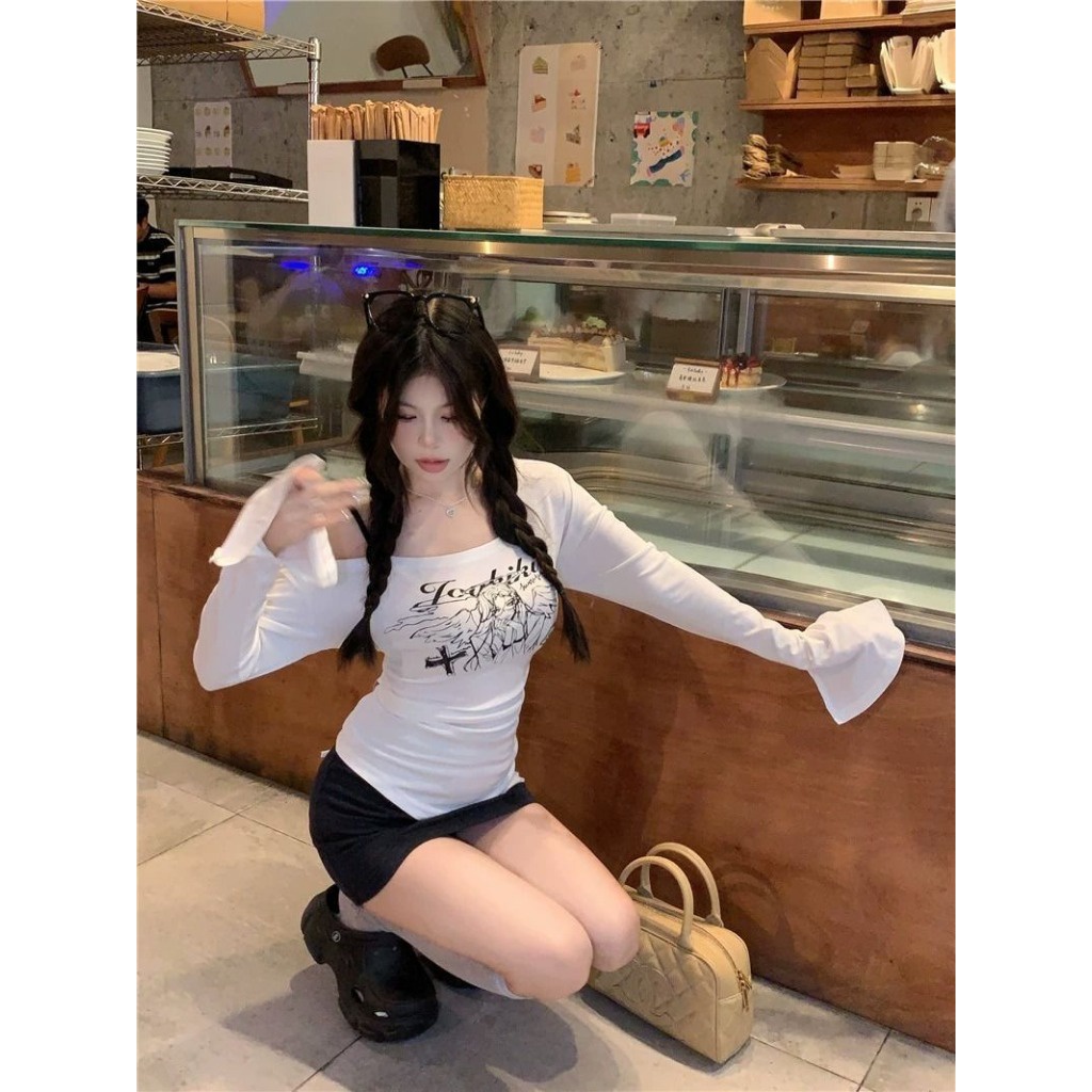(จัดส่งจากกรุงเทพฯ) พิมพ์แฟชั่น เสื้อยืดแขนยาว เสื้อผ้าผู้หญิง ผอมเพรียว เซ็กซี่ ราคา ถูกที่สุด ดีลบีเคเค แกลเลอรีภาพที่ 3