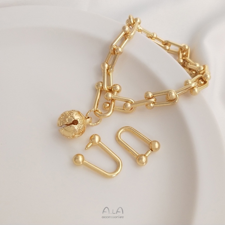 หัวเข็มขัดทองเหลืองเคลือบทอง 14K แบบ U-Shaped DIY พร้อมต่างหูและโซ่สร้อยคอ