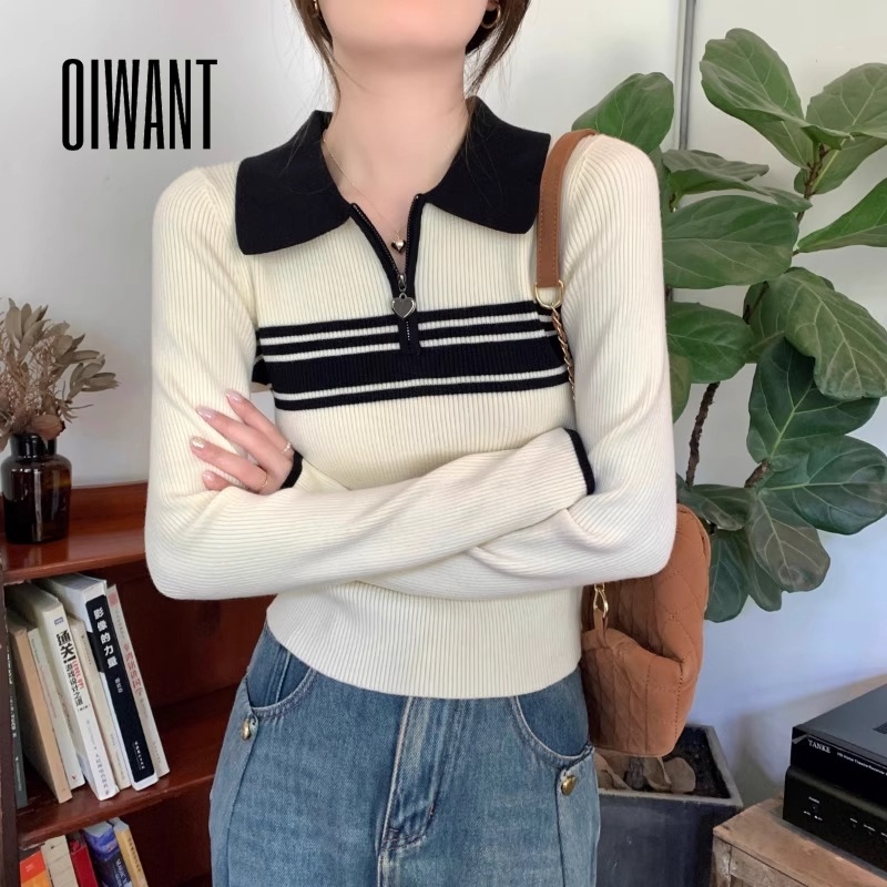 Oiwant เสื้อคาร์ดิแกนลําลอง แขนยาว คอปกพับ สีตัดกัน สไตล์ใหม่ สําหรับผู้หญิง 2023