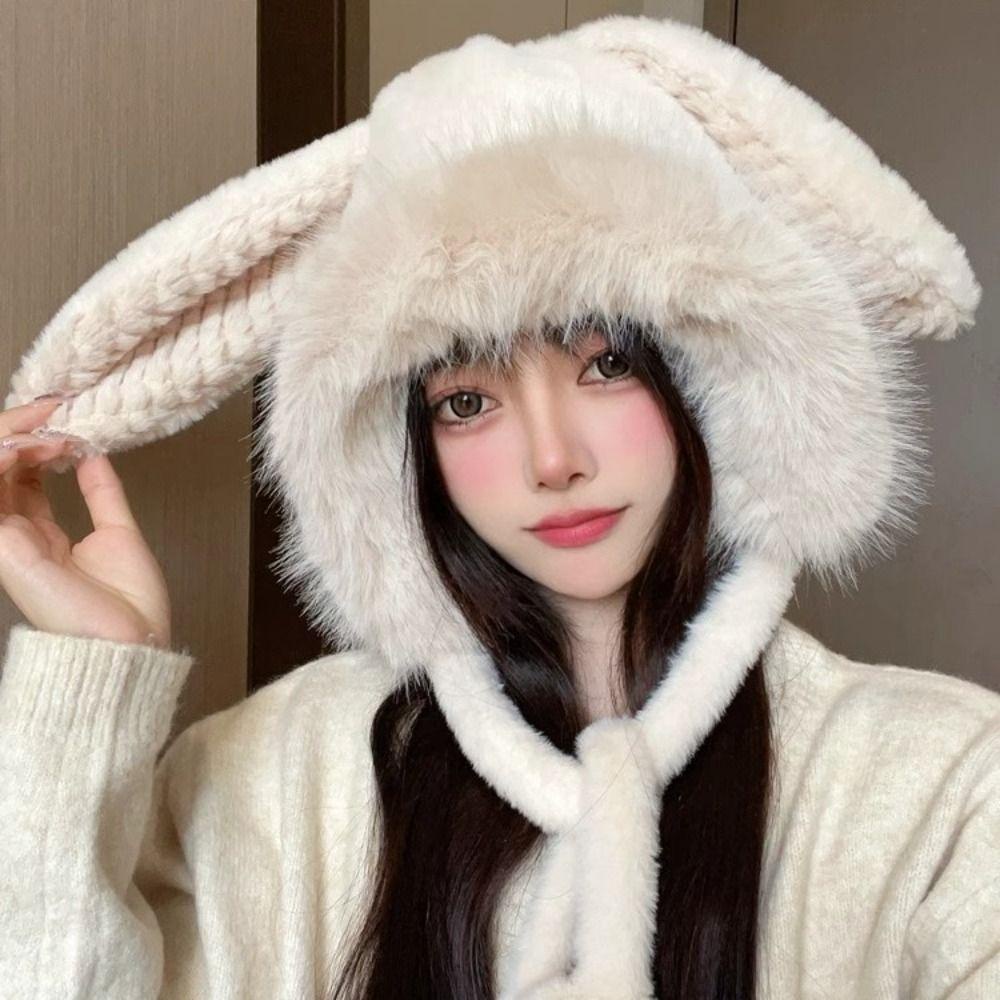 หมวกบักเก็ต ผ้าวูล แบบหนา แต่งหูกระต่ายน่ารัก ให้ความอบอุ่น แฟชั่นฤดูหนาว สําหรับผู้หญิง