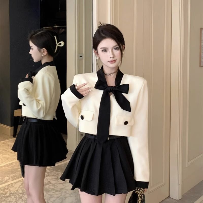 Classy Pure Desire เสื้อแจ็กเก็ตกระโปรงสั้น เอวสูง สีดํา สองชิ้น สําหรับผู้หญิง GYQI