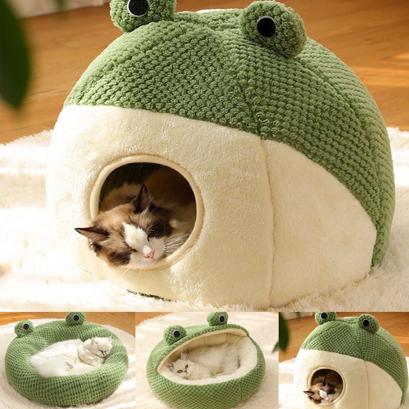พร้อมส่ง บ้านแมว ที่นอนแมว รูปร่างกบ รูปทรงกึ่งปิด นุ่มสบาย
