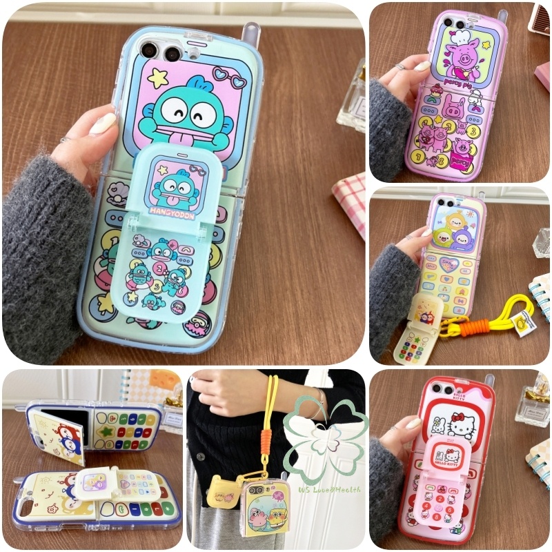 Retro เสาอากาศพลิกเลนส์ขาตั้ง Soft Classics Flip Case Samsung Galaxy Z Flip 6 Z Flip 5 Flip 4/3 Casing with Strap Cartoon Painted Pendant Lanyard Z Flip5 Flip6 Cover Shell