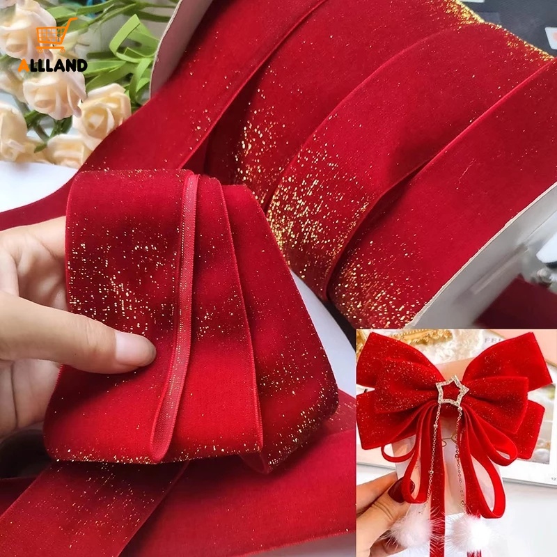 ริบบิ้นกํามะหยี่ แต่งกลิตเตอร์ สีแดง 1 เมตร สําหรับตกแต่งงานแต่งงาน คริสต์มาส DIY