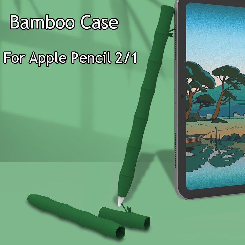 เคสไม้ไผ่ สําหรับ Apple Pencil 2/1 gen สีเขียว พืช ปลอกซิลิโคนอ่อน เคสป้องกัน สําหรับ iPad ปากกา ปลอกกันลื่น