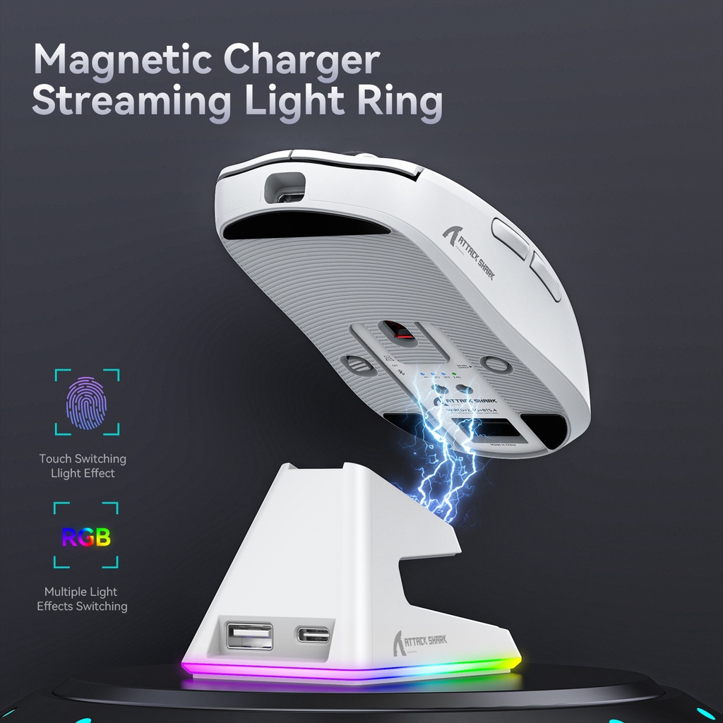 Attack Shark X6 PAW3395 เมาส์ไร้สาย สามโหมด ฐานชาร์จ RGB