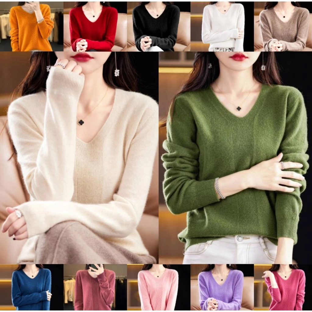 เสื้อแขนยาวคอวีสีพื้น เสื้อไหมพรมผ้ายืดใส่สบาย มี 12 สีให้เลือก