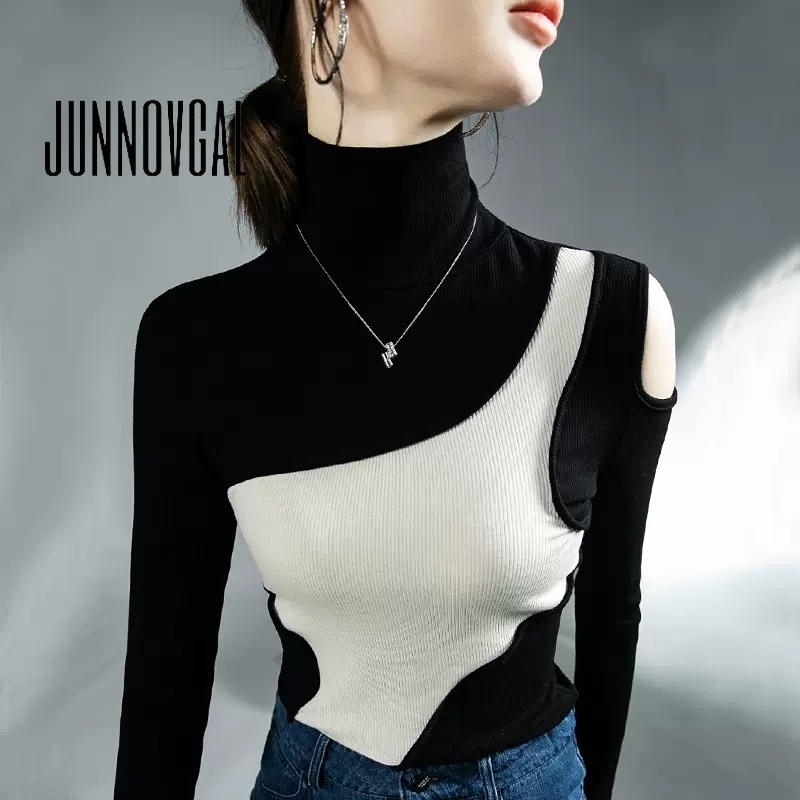 Junnovgal ใหม่ เสื้อกันหนาว คอเต่า แขนยาว ลําลอง เข้ารูป สีตัดกัน สําหรับผู้หญิง 2023
