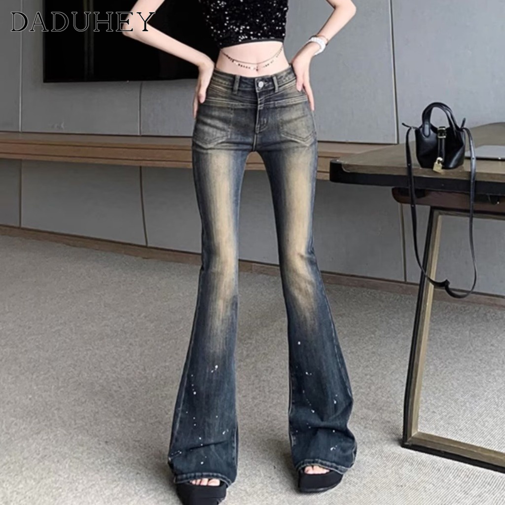 DaDuHey Autumn New American Style High Street Washed Yellow Mud Color Jeans Women's Style Slightly Flared Straight Long Pants