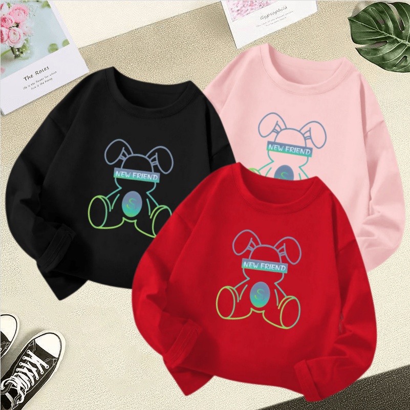เสื้อยืดแขนยาว คอกลม แบบนิ่ม พิมพ์ลายการ์ตูนหมีน่ารัก สีสันสดใส แบบเรียบง่าย สําหรับเด็กผู้ชาย และเด็กผู้หญิง อายุ 3-12 ปี