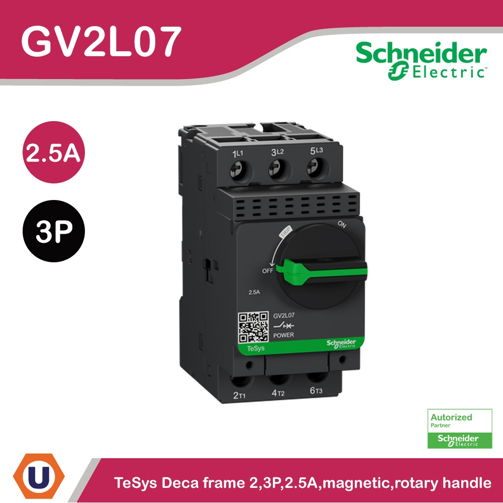 Schneider Electric Motor circuit breaker แบบลูกบิด ,TeSys GV2, 3P, 2.5 A, 0.75 kw at 400 V l GV2L07 