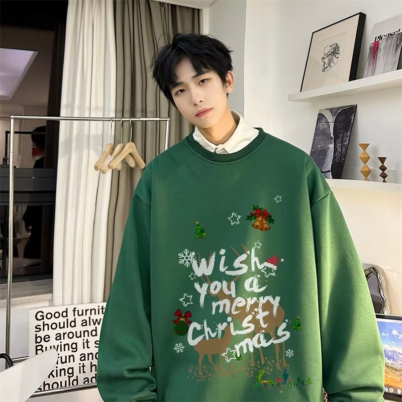 Fashionsun รูปแบบคริสต์มาส M-8XL เสื้อกันหนาวแขนยาว คอกลม ผ้ากํามะหยี่ พิมพ์ลายตัวอักษร สไตล์อเมริกันเรโทร สําหรับผู้ชาย และผู้หญิง