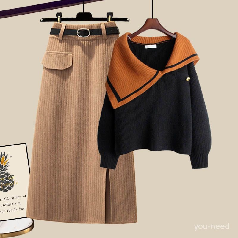 พร้อมส่ง ส่งฟรี ชุดเสื้อกันหนาว กระโปรง เอวสูง ผ้าถัก ทรงหลวม สองชิ้น พลัสไซซ์ สไตล์เรโทร สําหรับผู้หญิง 2023