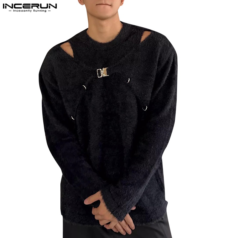 Incerun เสื้อกันหนาว เปิดไหล่ ผ้ากํามะหยี่ขนนิ่ม ดีไซน์สร้างสรรค์ สําหรับผู้ชาย