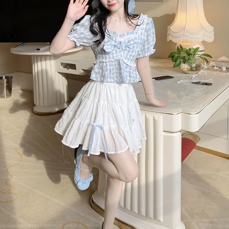 เสื้อเชิ้ตแขนสั้นลายสก๊อตสีฟ้าลายดอกไม้ผูกโบว์ thumbnail 6