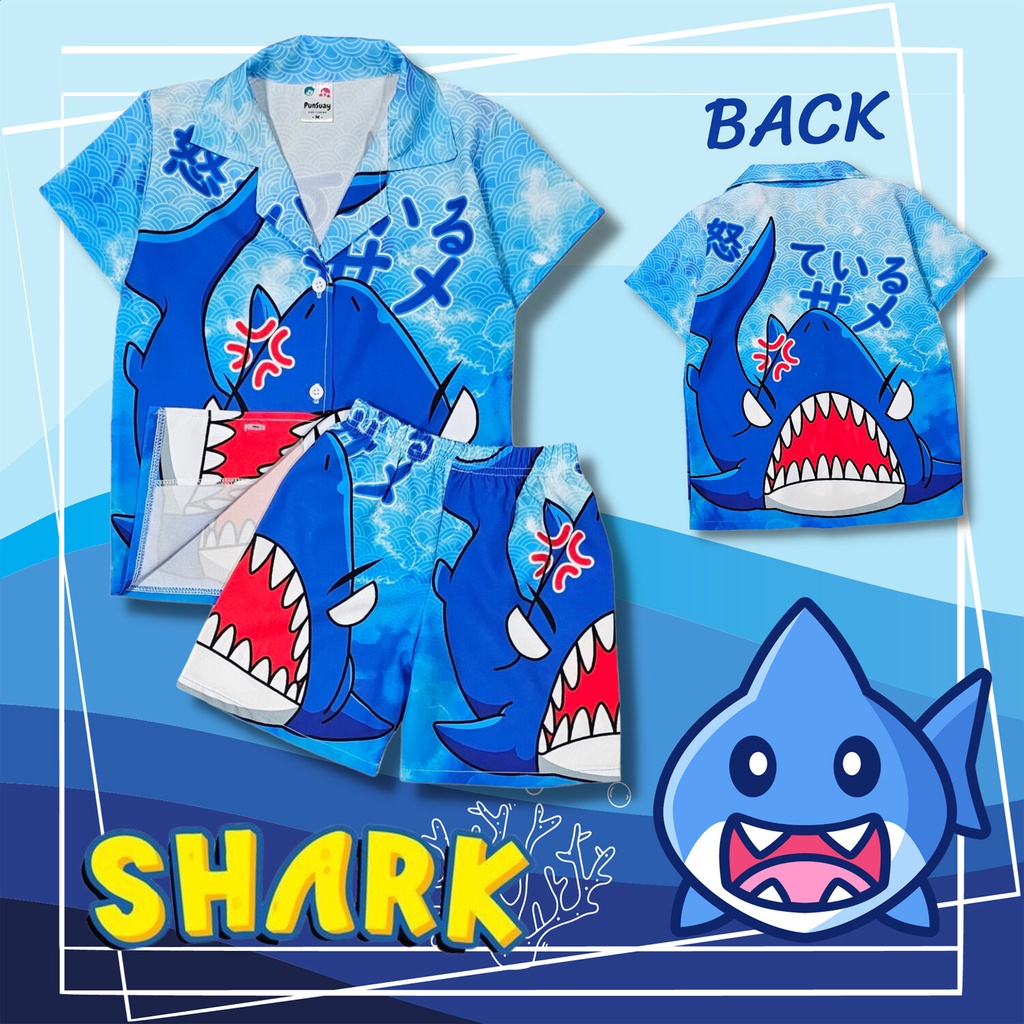 SHK0760#5 ชุดเด็ก เซ็ตเสื้อฮาวาย+กางเกงขาสั้น ผ้าไหมอิตาลี ลายปลาฉลาม เสื้อผ้าเด็ก ชุดเด็กแฟชั่น ชุดเด็กลายการ์ตูน