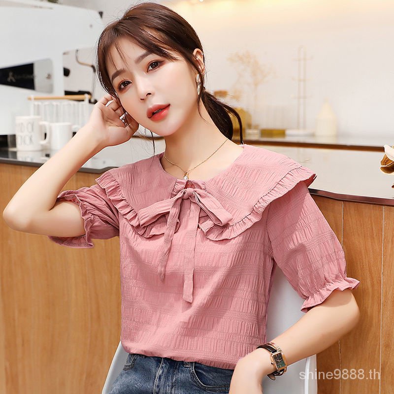 เสื้อเชิ้ตแขนสั้น คอตุ๊กตา ผ้าชีฟอง ประดับโบว์ แฟชั่นแฟรี่ สําหรับผู้หญิง X122