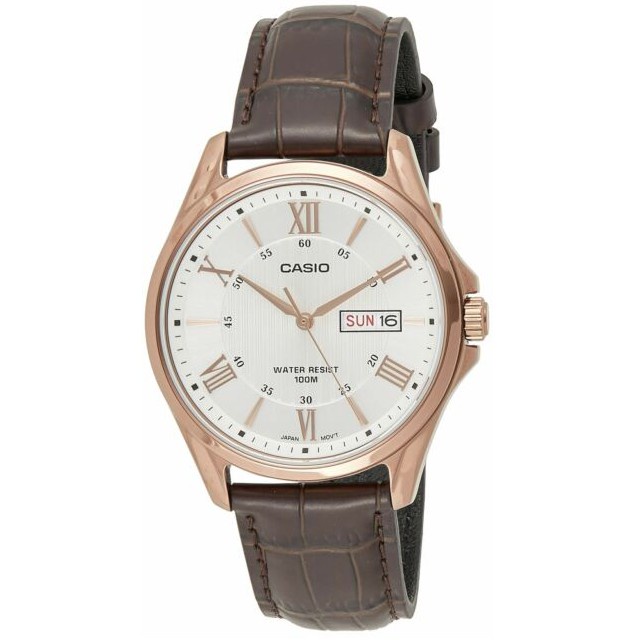 [Time Cruze] Casio MTP-1384 Day Date Rose Gold Tone Brown Leather Band Men Watch MTP1384L-7A MTP-13