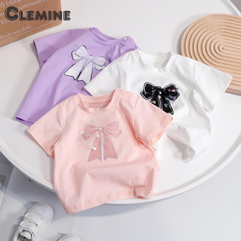 Clemineเสื้อยืดแขนสั้น ประดับโบว์น่ารัก แฟชั่นฤดูร้อน สําหรับเด็กผู้หญิง