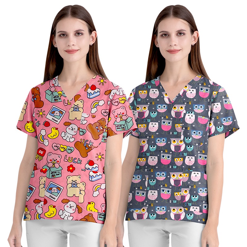 เสื้อเท่านั้นUnisex DoctorS Scrub ชุดการ์ตูนพิมพ์แขนสั้นสัตว์เลี้ยงหมอเครื่องแบบสัตวแพทย์ฤดูร้อนบางผ้าฝ้ายชุดทํางาน