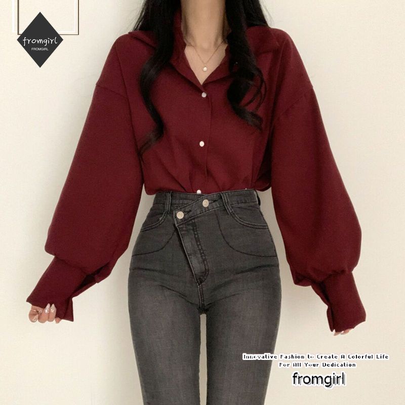เสื้อเชิ้ตแขนยาว คอวี แขนพัฟ สีขาว แบบมืออาชีพ แฟชั่นฤดูใบไม้ผลิ และฤดูใบไม้ร่วง สําหรับผู้หญิง