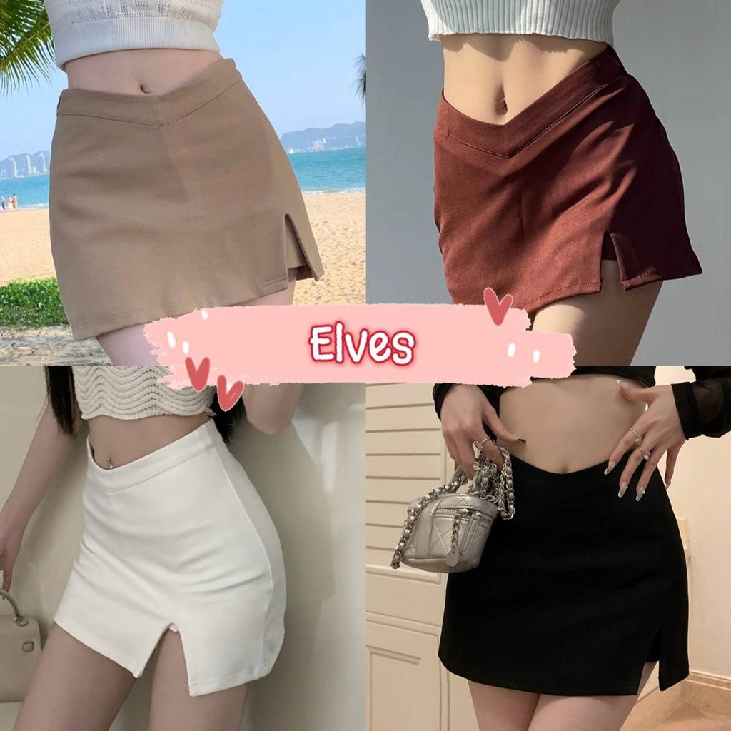 Elves✨พร้อมส่ง✨ กระโปรงขาสั้น เอวทรงวี  ซิปรูดขวา ดีเทลแหวกข้างซ้าย  ~7315~